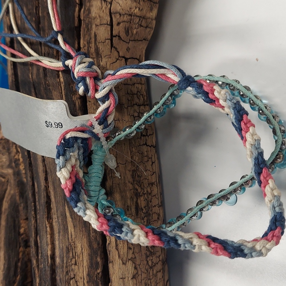 B0050 Blue Pink White Chevron Set of 2 Friendship Style Braided Bracelets